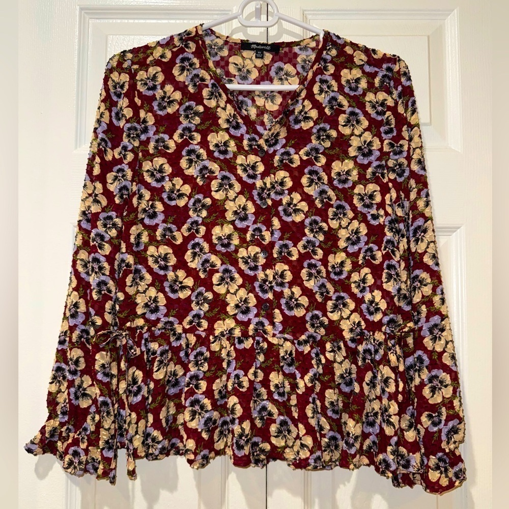 Madewell Drawstring Ruffle-Hem Top in Viola Floral. Size XS EUC